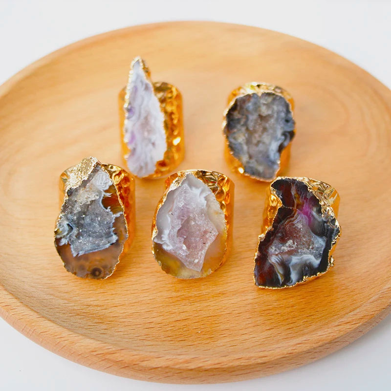 Irregular Raw Agate Slices Ring Geode Stone Adjustable Gold Plated Open Wide Gemstone Finger Handmade Jewelry