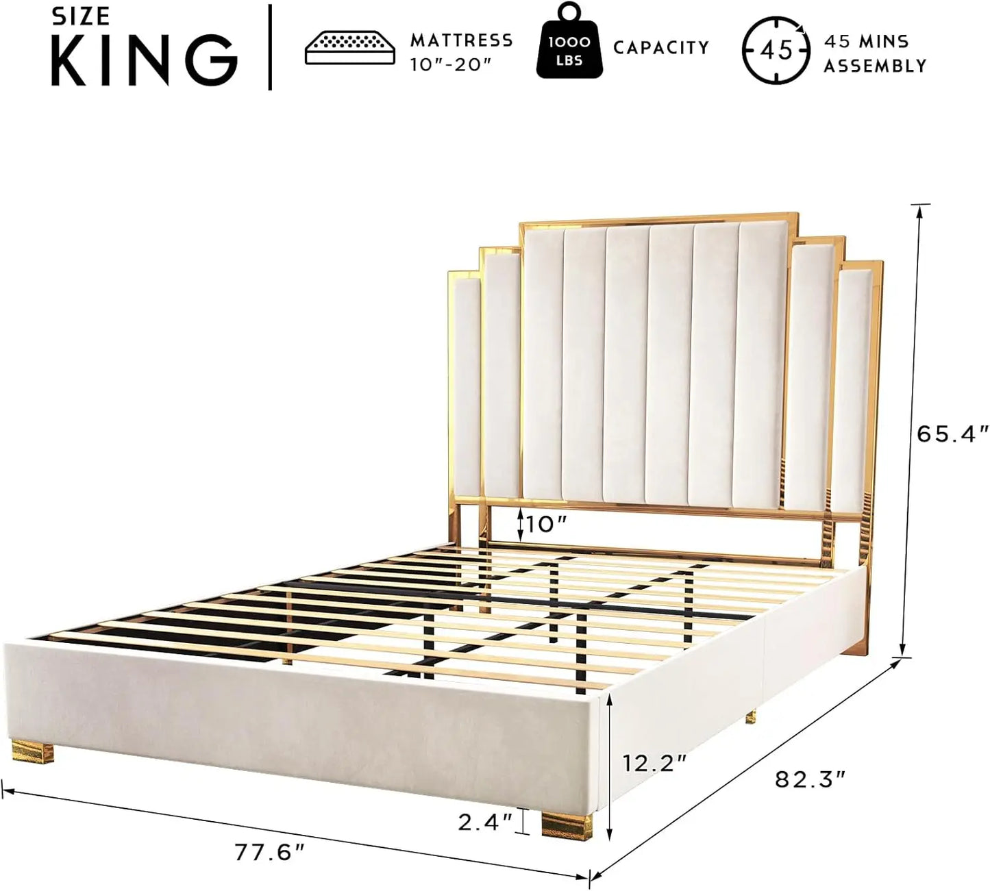 Bed Frame and 61" Headboard, Upholstered Bed with Golden Plating Trim, Modern Platform Bed No Box Spring Needed