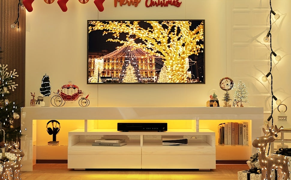 Modern LED TV Stand for Living Room, Black TV Stand, High Gloss TV Entertainment Center with Storage Drawer, APP RGB Light, TV Console