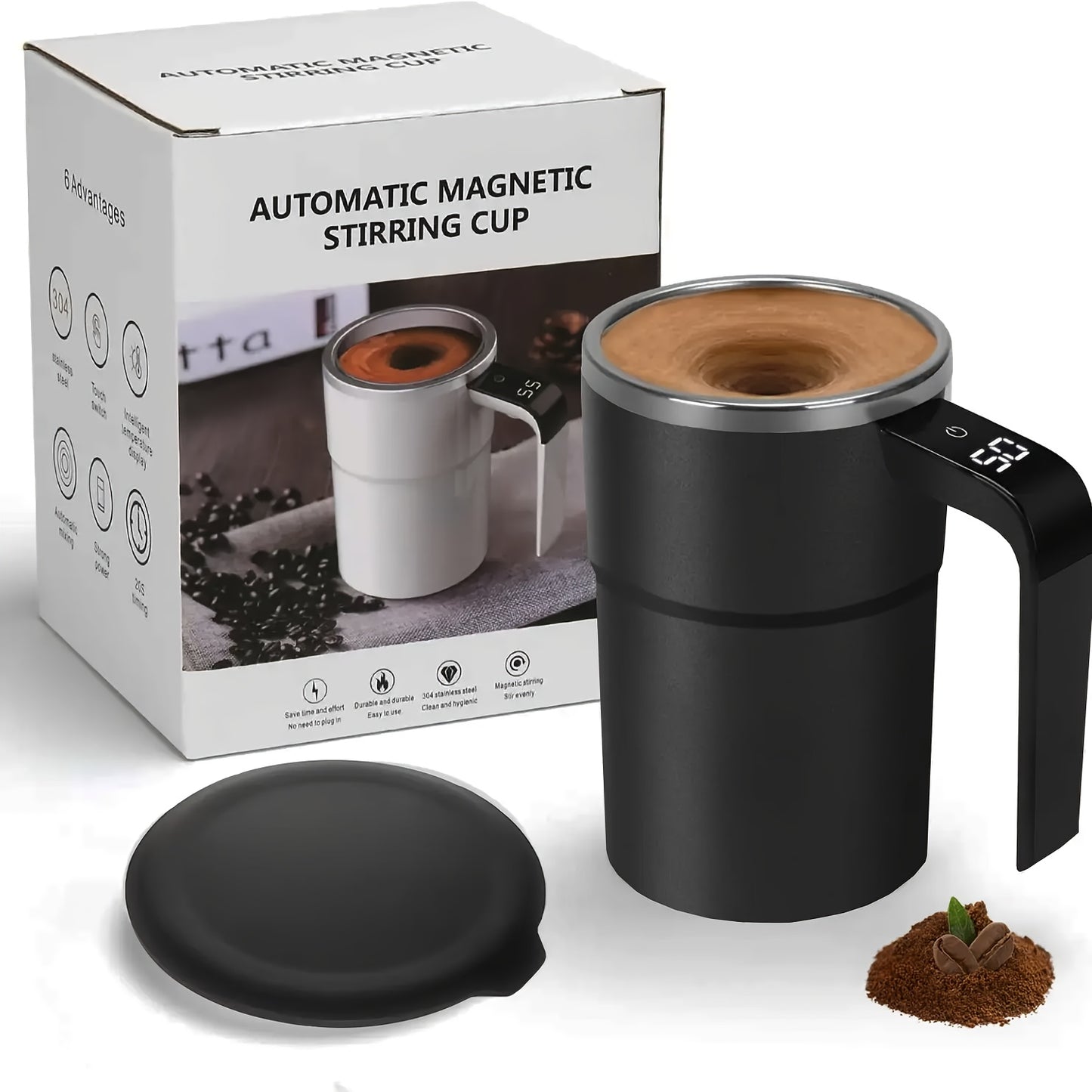 1pc Automatic Stirring Cup, Portable 304 Stainless Steel Coffee Mug with Temperature Display, USB Rechargeable, 155mAh Battery, ABS Material, for Home and Office Use