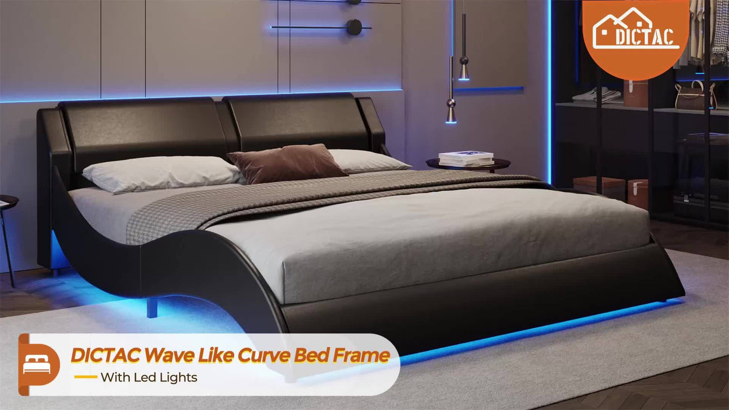 Modern Black Bed Frame with RGB LED Lights, USB & Type-C Ports - Easy Assembly, Faux Leather Wave Design Headboard