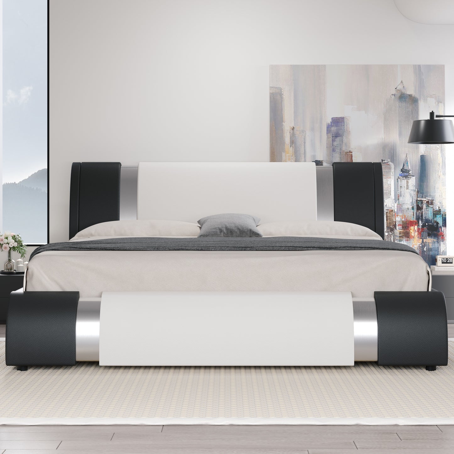 HOOMIC Modern Faux Leather Bed Frame With Iron Pieces Decor, Low Profile Platform Bed With Height-Adjustable Headboard, Solid Wood Slat Support, No Box Spring Needed