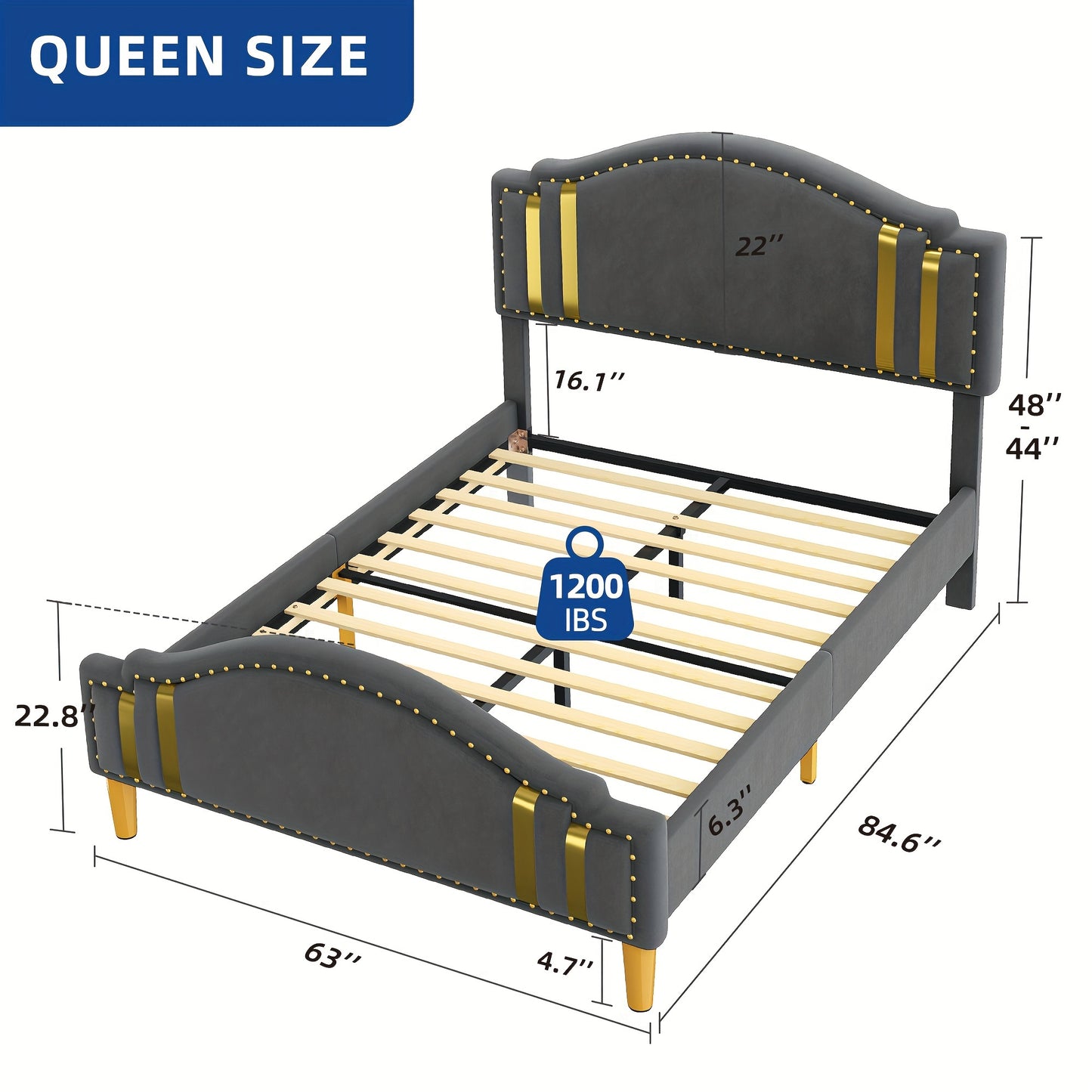 Phabules Adjustable Headboard Queen Bed Frame, Upholstered Wood Slat Platform, No Box Spring Required, Gray