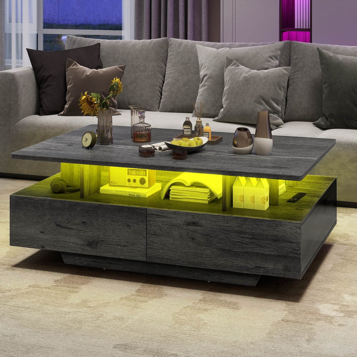 XeIsyo Lift Top Coffee Table, Coffee Table with Storages for Living Room, Rectangular Coffee Tables with 4 Spacious Drawers, Modern Coffee Table with LED Light, Grey