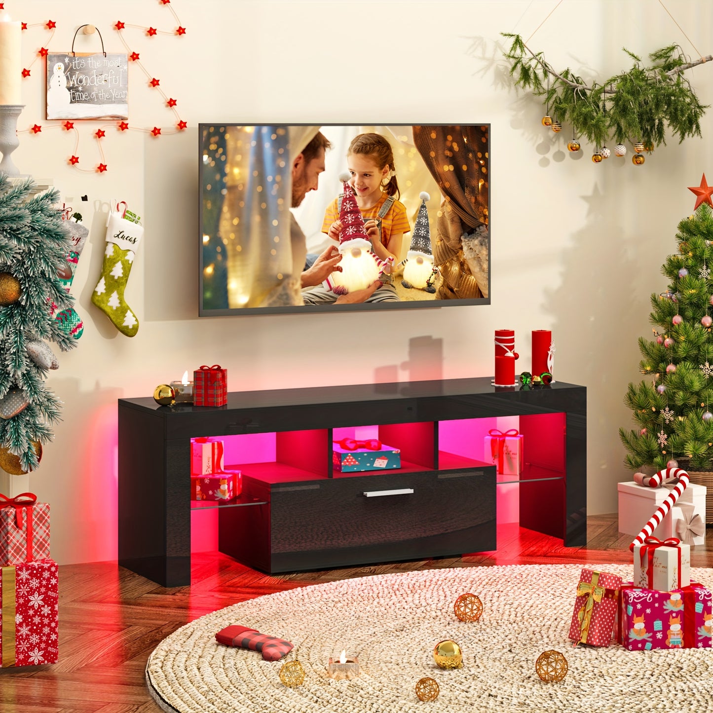 Modern 63''/71'' LED TV Stand For 55/65/75/80 Inch TV, High Gloss Media Center Television Console Table, Entertainment Center With Storage Drawers For Living Room, Game Room, Or Bedroom, White Or Black