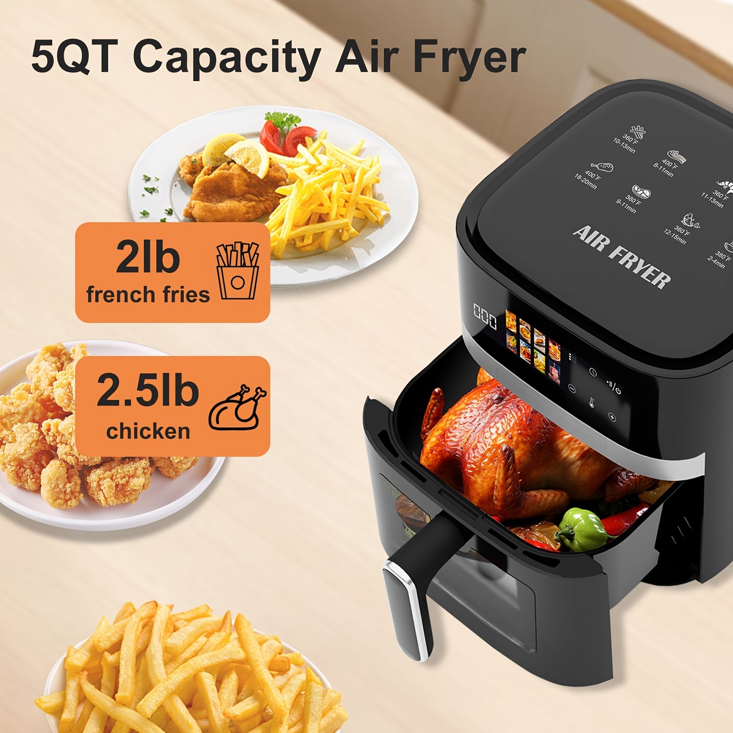 5 Quart Large Capacity Air Fryer with Stainless Steel Rack Basket, Smart Cooking Programs, LCD Touchscreen, Multifunctional Electric Fryer, Black Kitchen Appliance