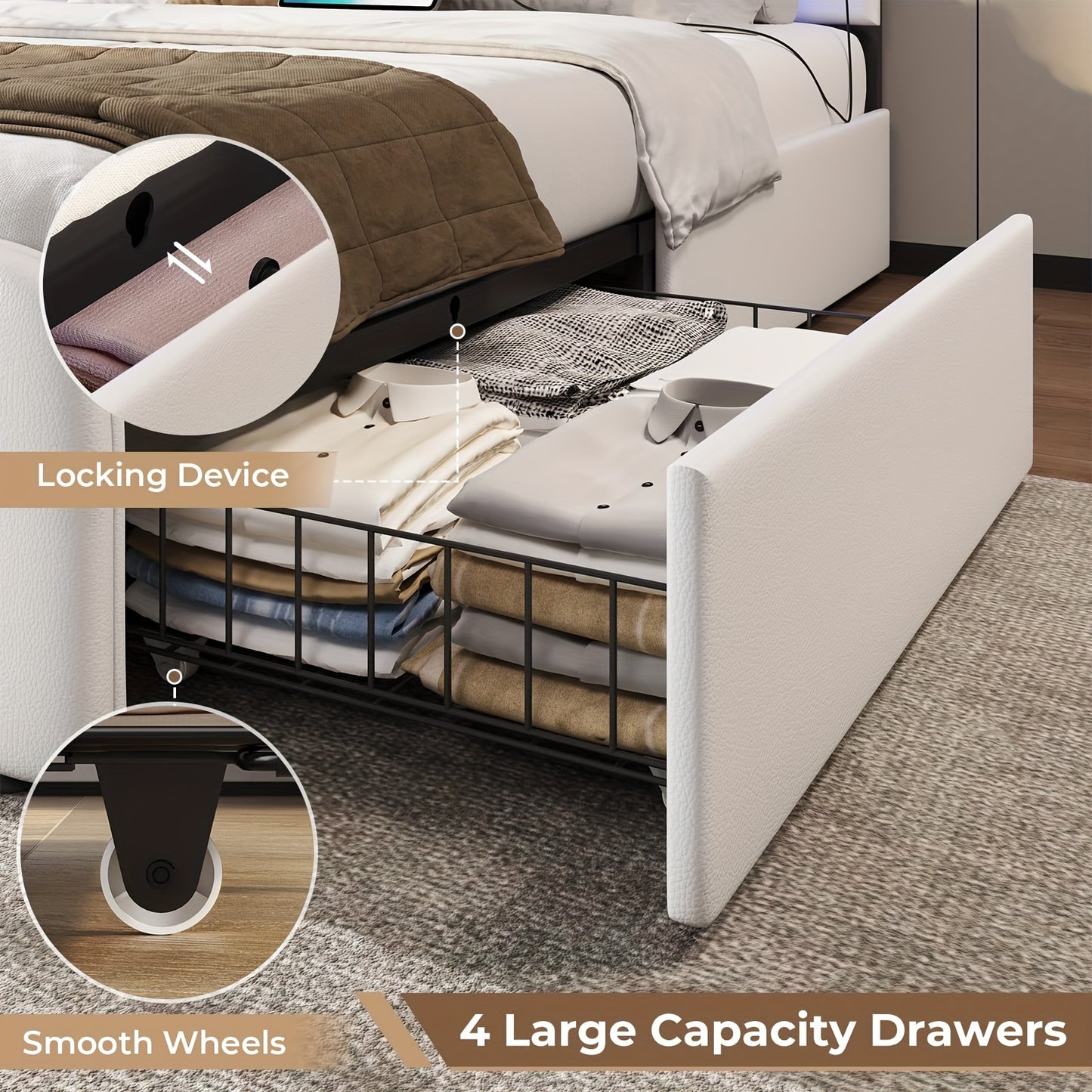 Twin Bed Frames With Storage Drawers And LED Lights, Bed Frame Twin Size With Height Adjustable Headboard, No Box Spring Needed, Cream White/Black