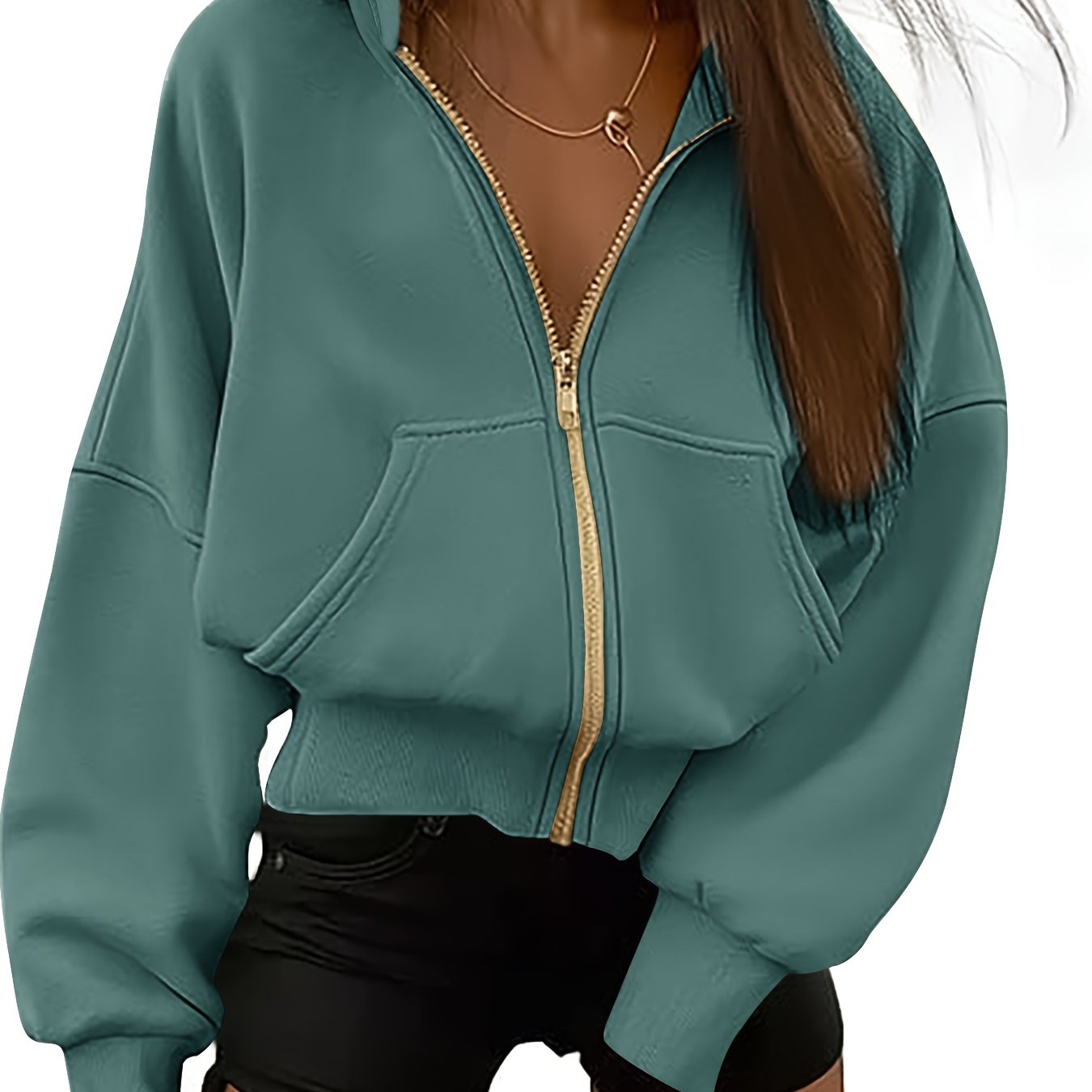 Solid Color Zip-up Hoodie Sweatshirt, Casual Long Sleeve Slant Pockets Drawstring Jacket for Fall & Winter, Women's Clothing