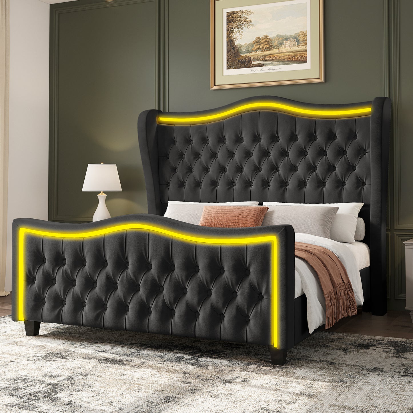 Exquisite Albott Platform Bed Frame with Integrated LED Lighting, 53-Inch Upholstered Wingback Design Accentuated by a Finely Crafted Deep Button-Tufted Headboard and Footboard - Comparable to Amazon's Finest