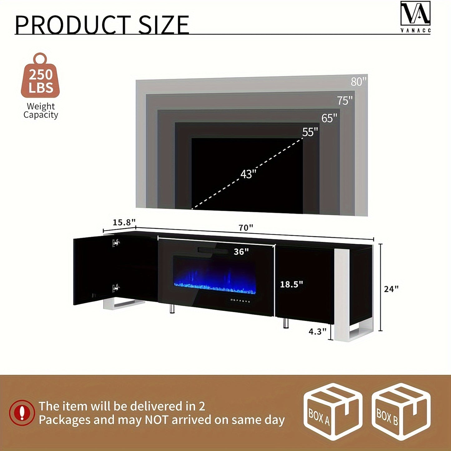 Modern 80" Black TV Stand with Built-In Electric Fireplace - High Gloss Finish, LED Lights, Durable Wood Construction