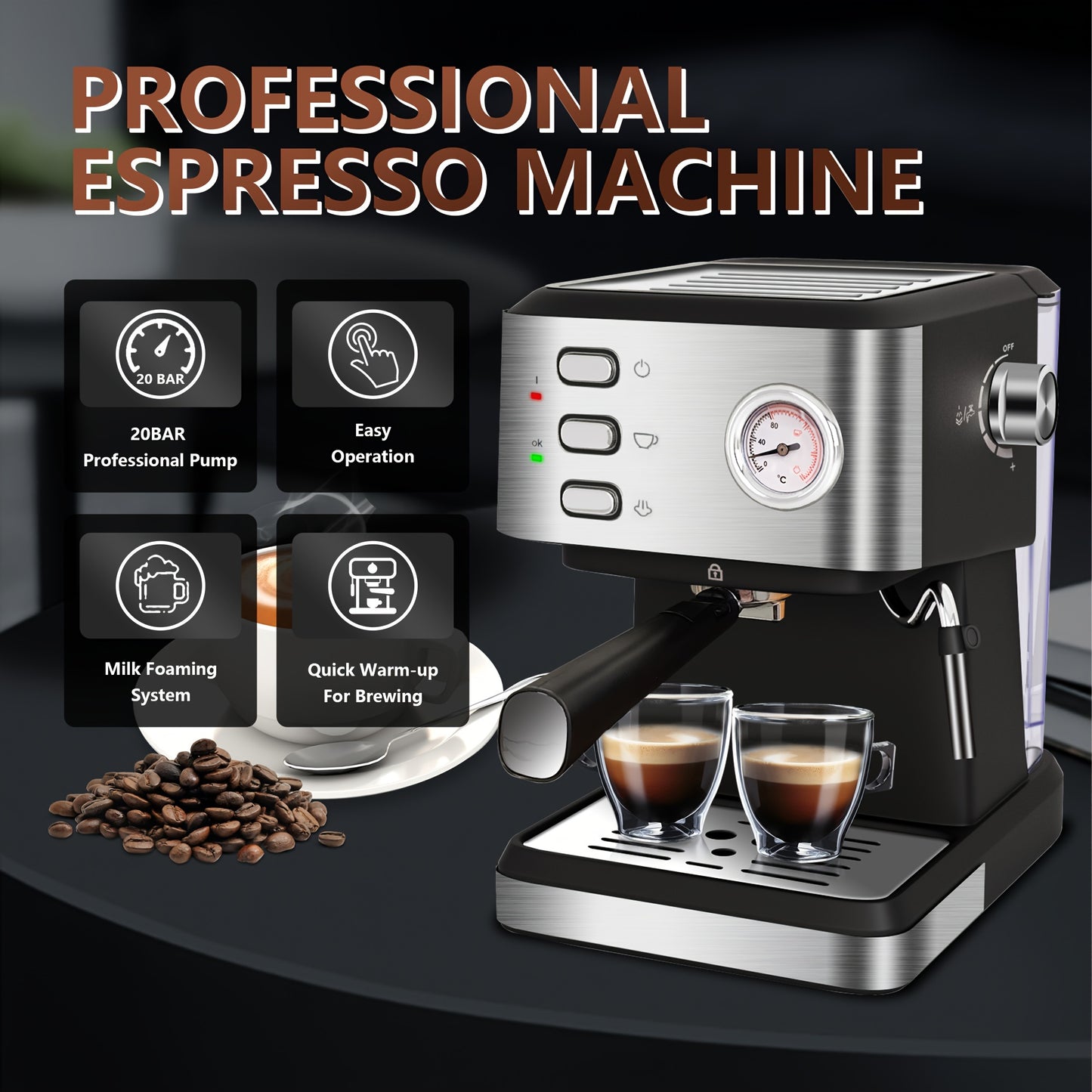 Espresso Machine 20 BAR, Cappuccino & Latte Machine With Built-In Milk Frother, One-Touch Single Or Double Shot, 1.5L Water Tank, Stainless Steel, Intelligent Temperature Control With Build-in Thermometer