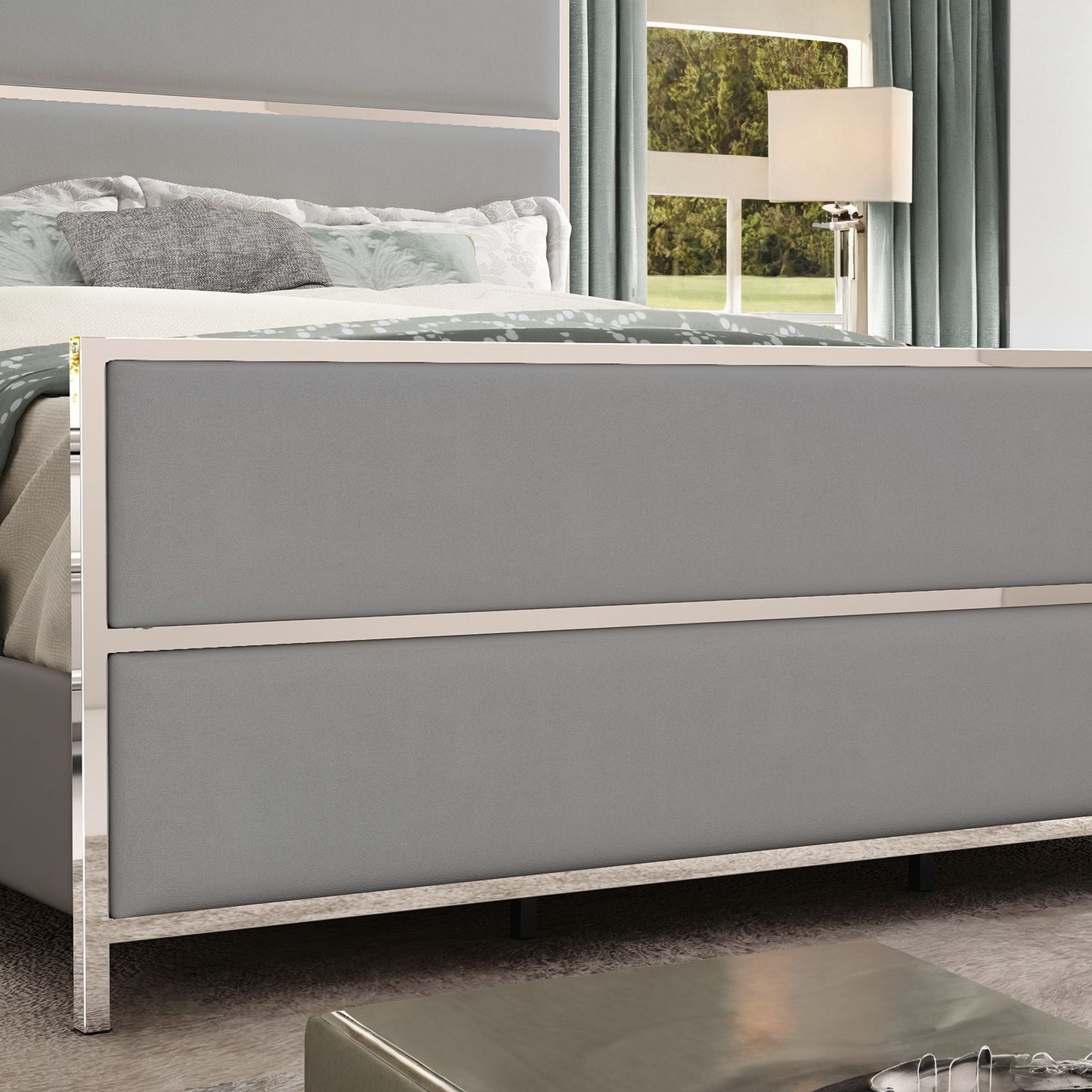 Light Grey The Velvet Upholstered Platform Bed Frame showcases a 59" Tall Headboard and Footboard, decorated with Silver Mirrored Plating - and a Box Spring is not needed