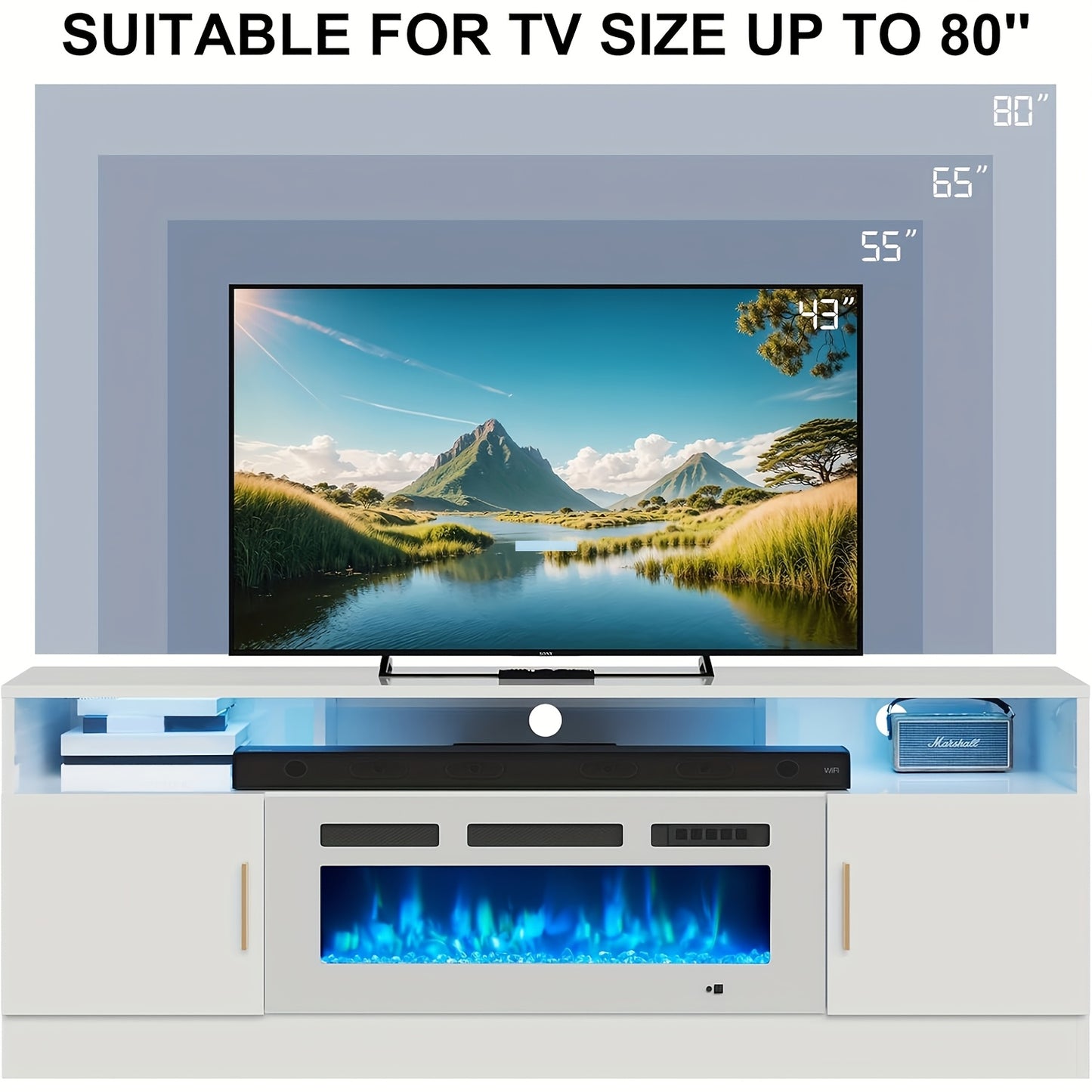 Fireplace TV Stand With 36" Electric Fireplace, 70" Fireplace Entertainment Center LED Lights, 2 Tier TV Console For TVs Up To 80", White