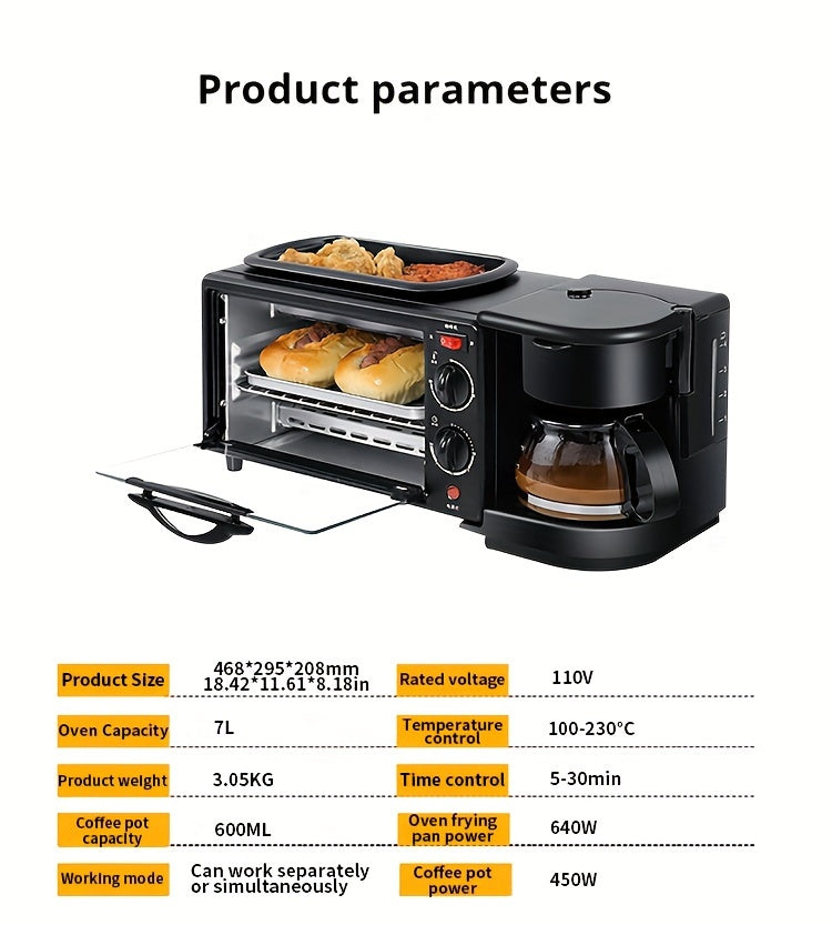 Versatile 3-in-1 Breakfast Maker Station with Coffee Machine, Non-Stick Pan & 30-Min Timer - BPA-Free Alloy Steel, 640W, US Plug - Ideal for Quick Meals like Omelettes, Waffles, Bagels & More - Perfect for Apartment Kitchens,