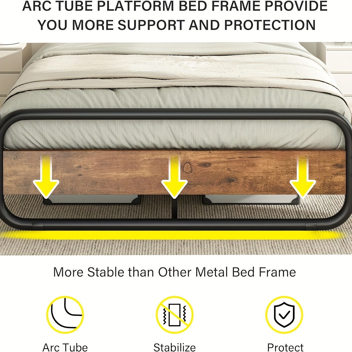 Metal Bed Frame With LED Headboard, Industrial Heavy Duty Wooden Platform Bed Frame With Under Bed Storage, No Box Spring Needed