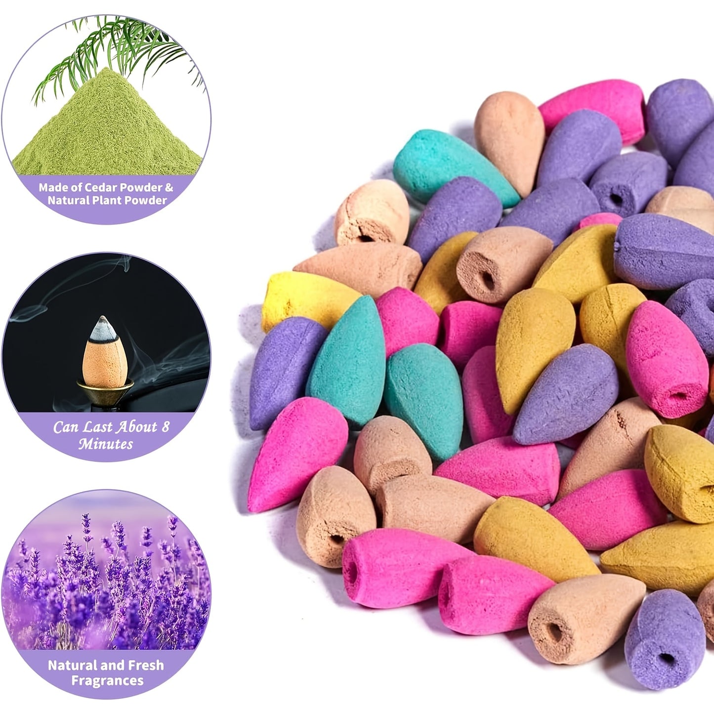 Reverse Flow Fragrance, Various Natural Fragrance Waterfalls, Sandalwood Rose Jasmine Lavender for Backflow Burning, Suitable for Meditation Yoga, Indoor Aromatherapy Purify Air-33/55/107pcs Three Quantities to Choose From