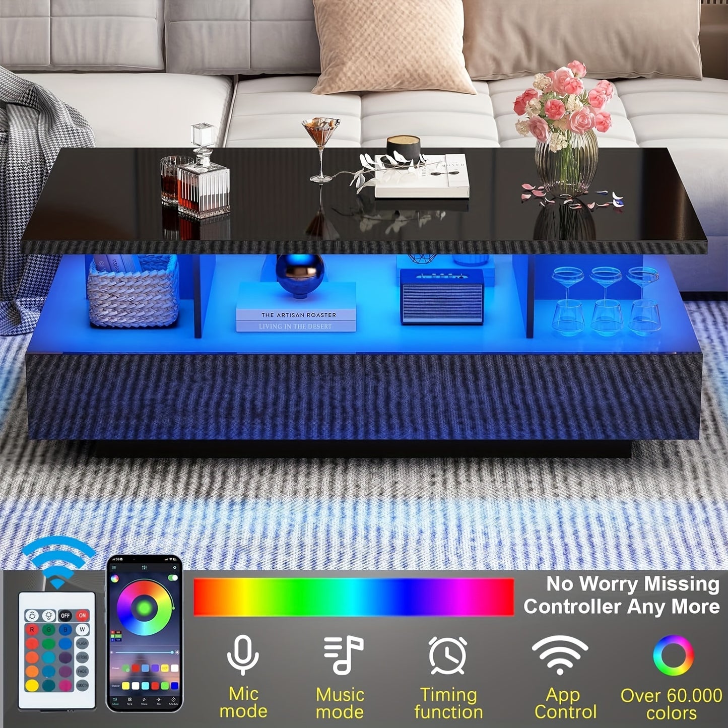 LED Coffee Table w/ 2 Storage Drawers, App Control, High Glossy Modern Black Coffee Table w/60, 000-Color Lights, Rectangle 2-Tier Center Table w/Display Shelf for Living Room