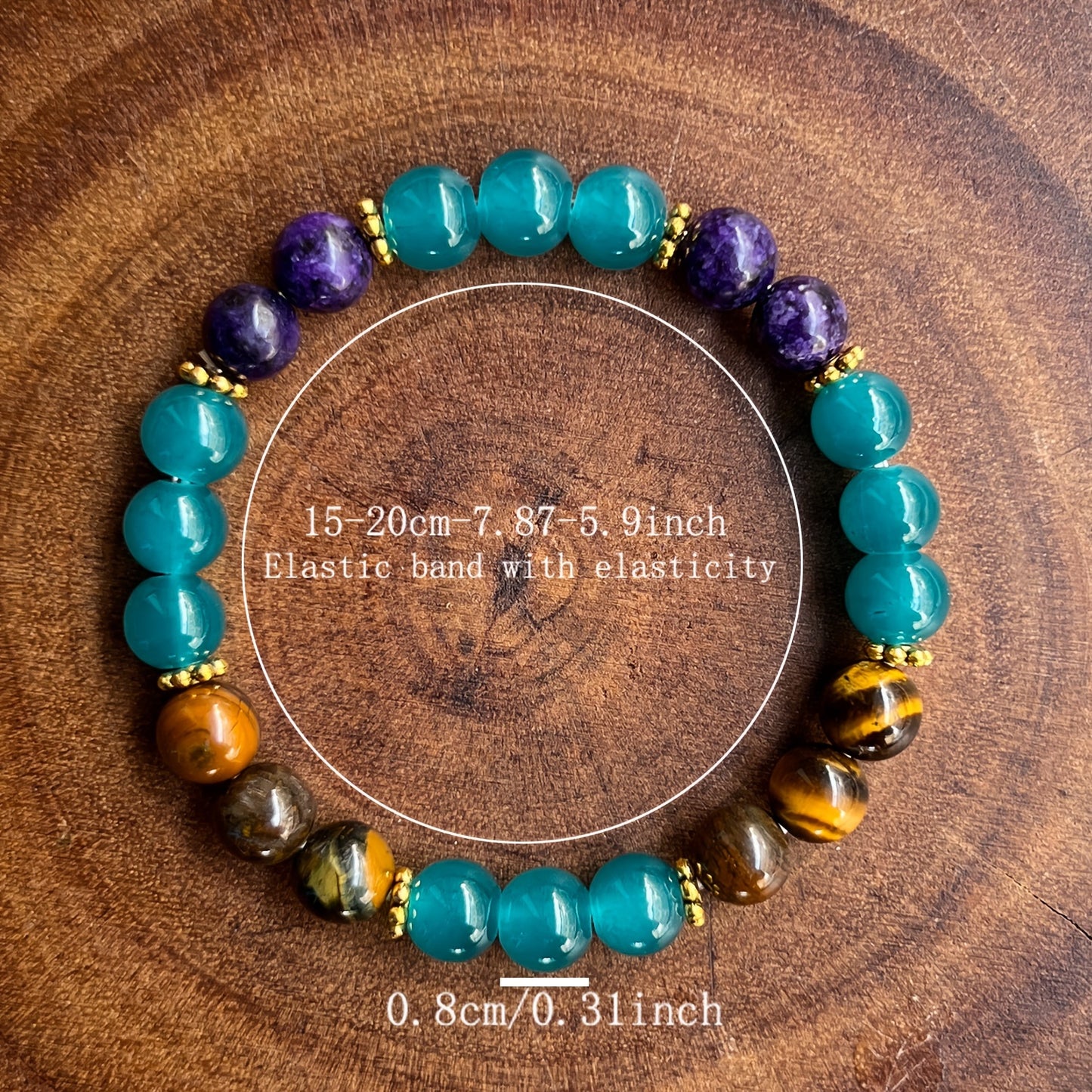 1pc Good Luck Gemstone Bracelet - Fortune Blessings Elastic Beaded Bracelet with Tiger'S Eye, Amethyst, and Turquoise Stones for Women