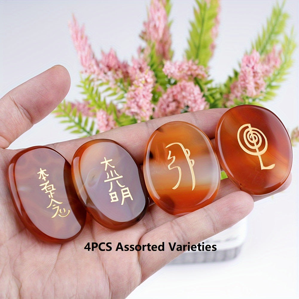 4pcs Natural Crystal Stones Engraved Chakra Symbols Polished Palm Stones for Reiki Crystal (Amethyst, Rose quartz, Green aventurine, Fluorite, Lapis, Black obsidian) -Beading&Jewelry Making