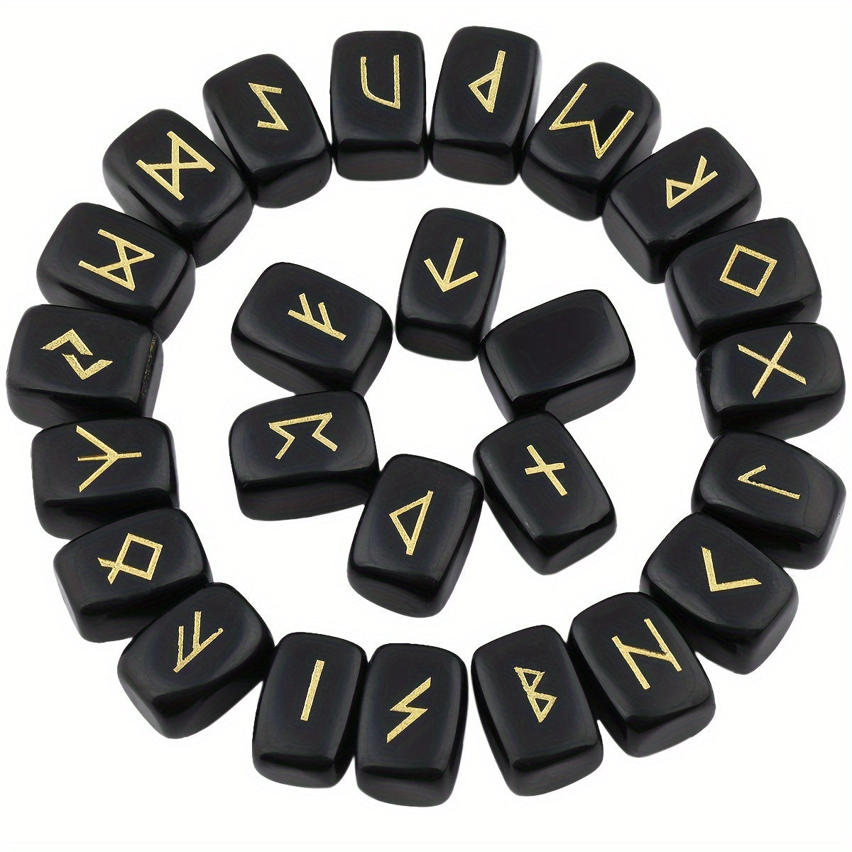 A Set of Natural Black Crystal Futhark Viking Rune Stones, Carved with Letters for Norwegian Witchcraft, Featuring Irregular Shapes, Totaling 25pcs.