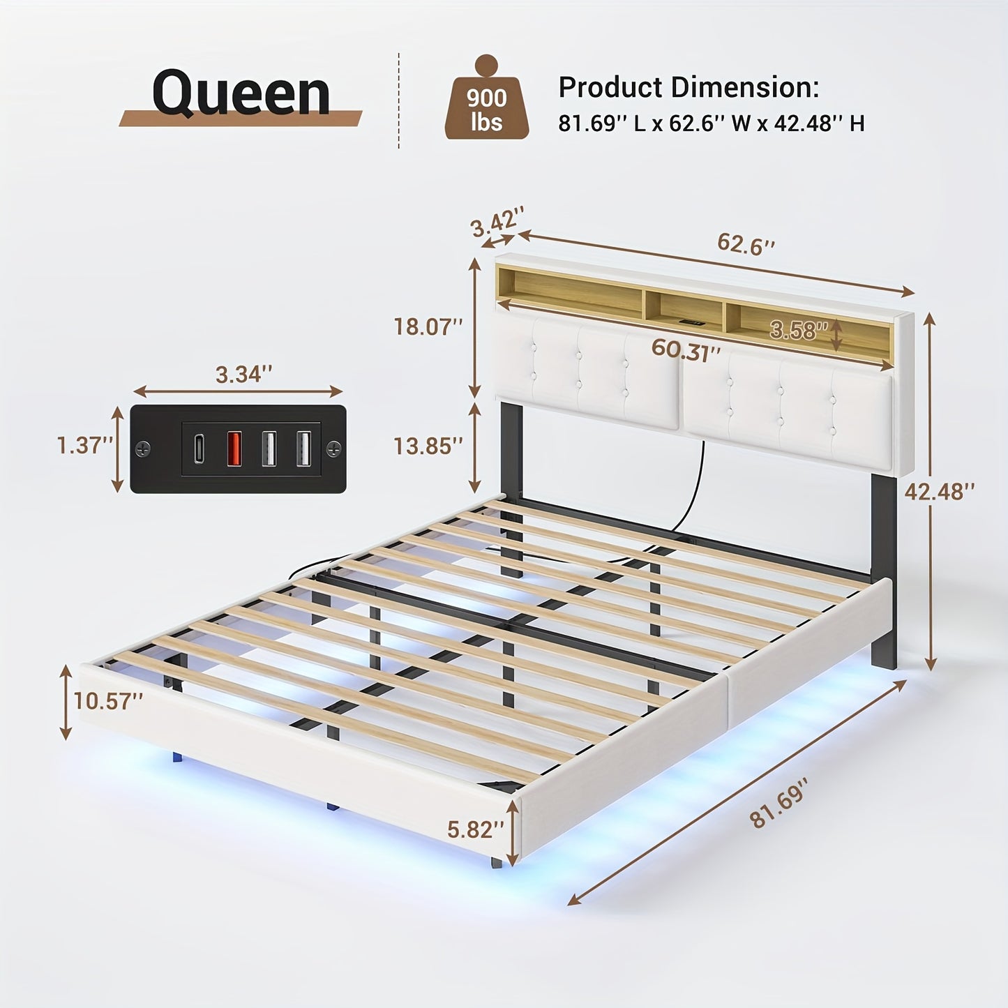 Queen/King Floating Bed Frame With LED Lights&USB Ports, Linen Queen/King Floating Platform Bed With Storage Headboard, No Box Spring Needed, Beige