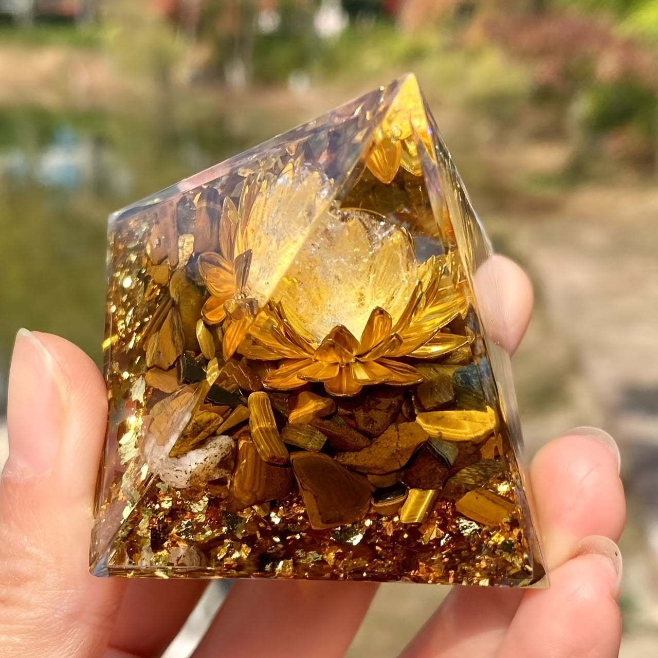 1pc Orgone Abundance Pyramid with Tiger's Eye & White Crystal - Attract Wealth, Prosperity & Success | Sparkling Golden Glitter Accents for Positive Energy & Spiritual Growth | Ideal for Home Decor & Good Luck Charm