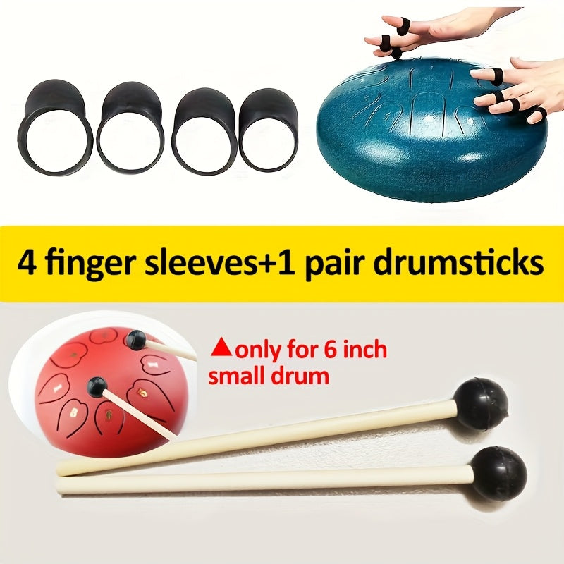 6-Inch Ethereal Drum Accessory Set with 1 Pair Birchwood Drumsticks and 4 Finger Covers, Lotus Steel Tongue Drum Mallets, Soft Rubber Head Drumsticks for Percussion Instruments