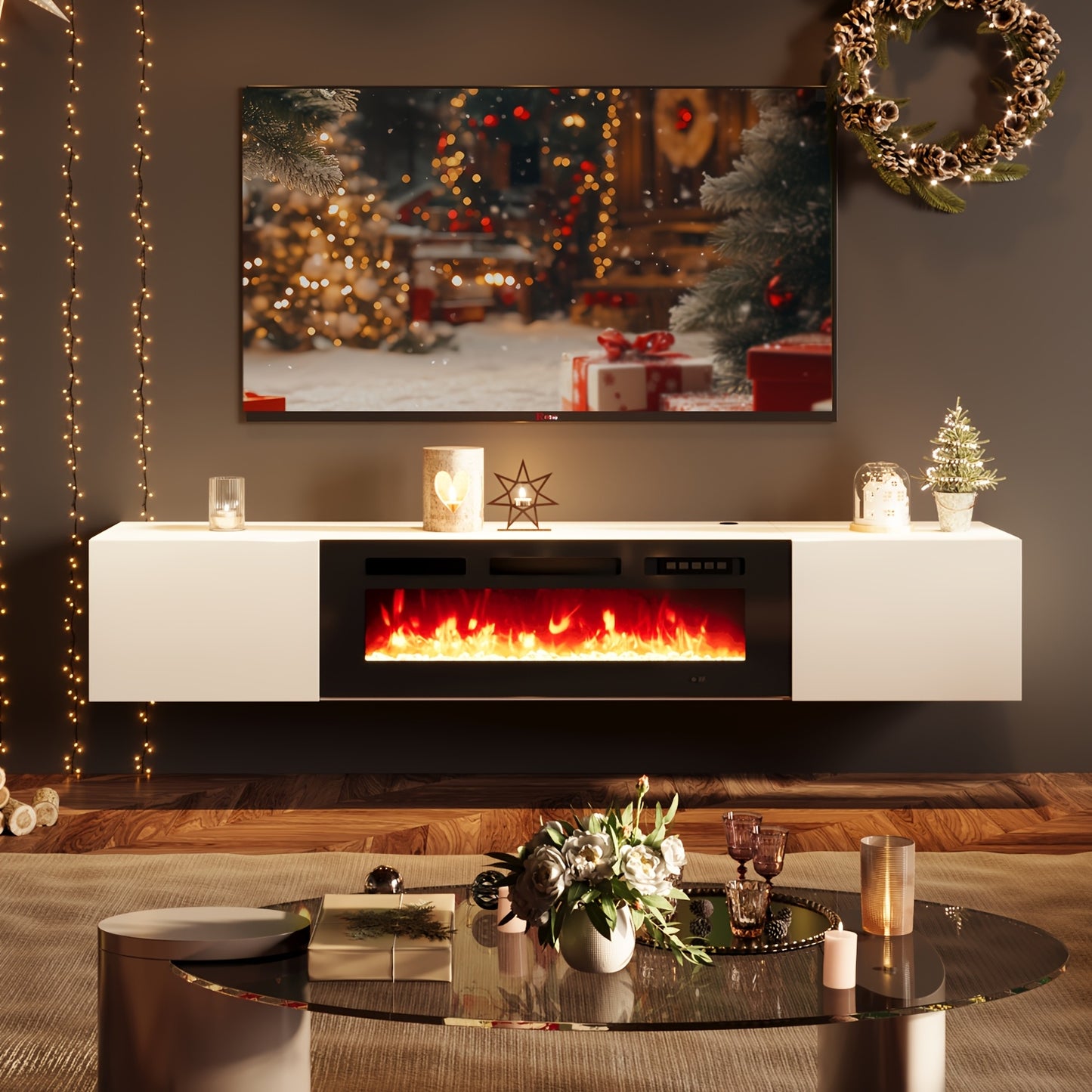 [Wall-Mounted Entertainment Center] Sonegra 70" Floating TV Stand With 36" Electric Fireplace, Wall-Mounted Entertainment Center With Storage, Modern TV Console With Fireplace, Floating Shelf/TV Cabinet