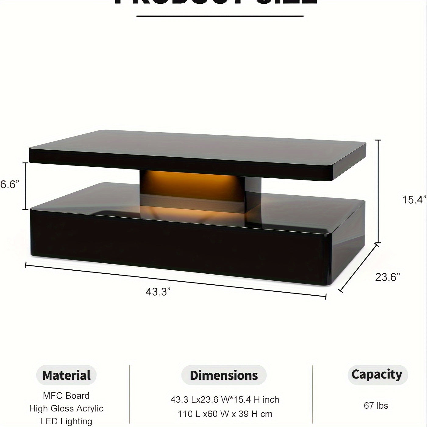 Elegant Modern LED Coffee Table for Living Room - 2-Tier Black & White Design with 16-Color LED Lights, Spacious Storage, Easy Assembly - Hardwood Material, High Gloss, Rectangular Design, Coffee Table, Living Room, 16-color