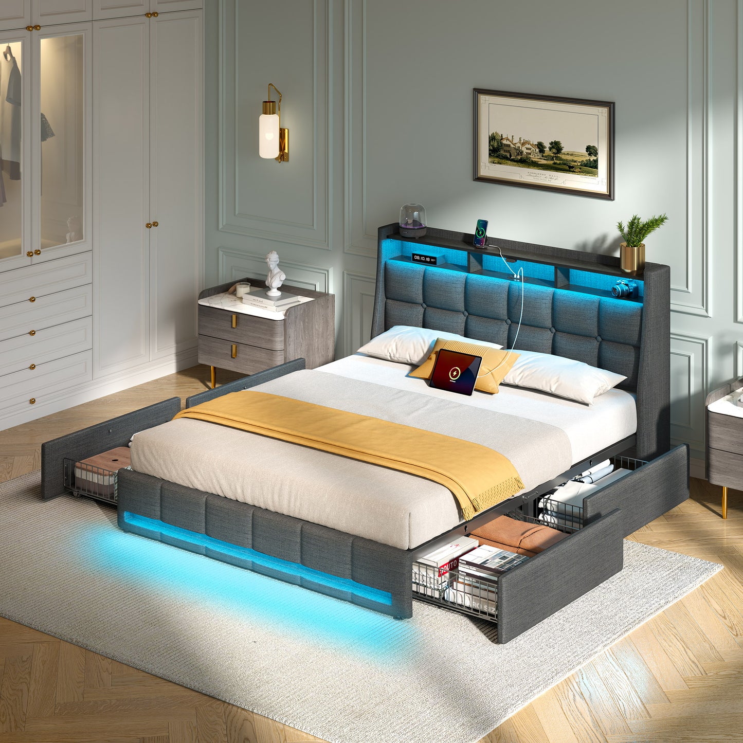 Bed Frame, Storage Headboard with Charging Station & LED Lights Bed Storage Headboard & Drawers, Heavy Duty Wood Slats, Easy Assembly