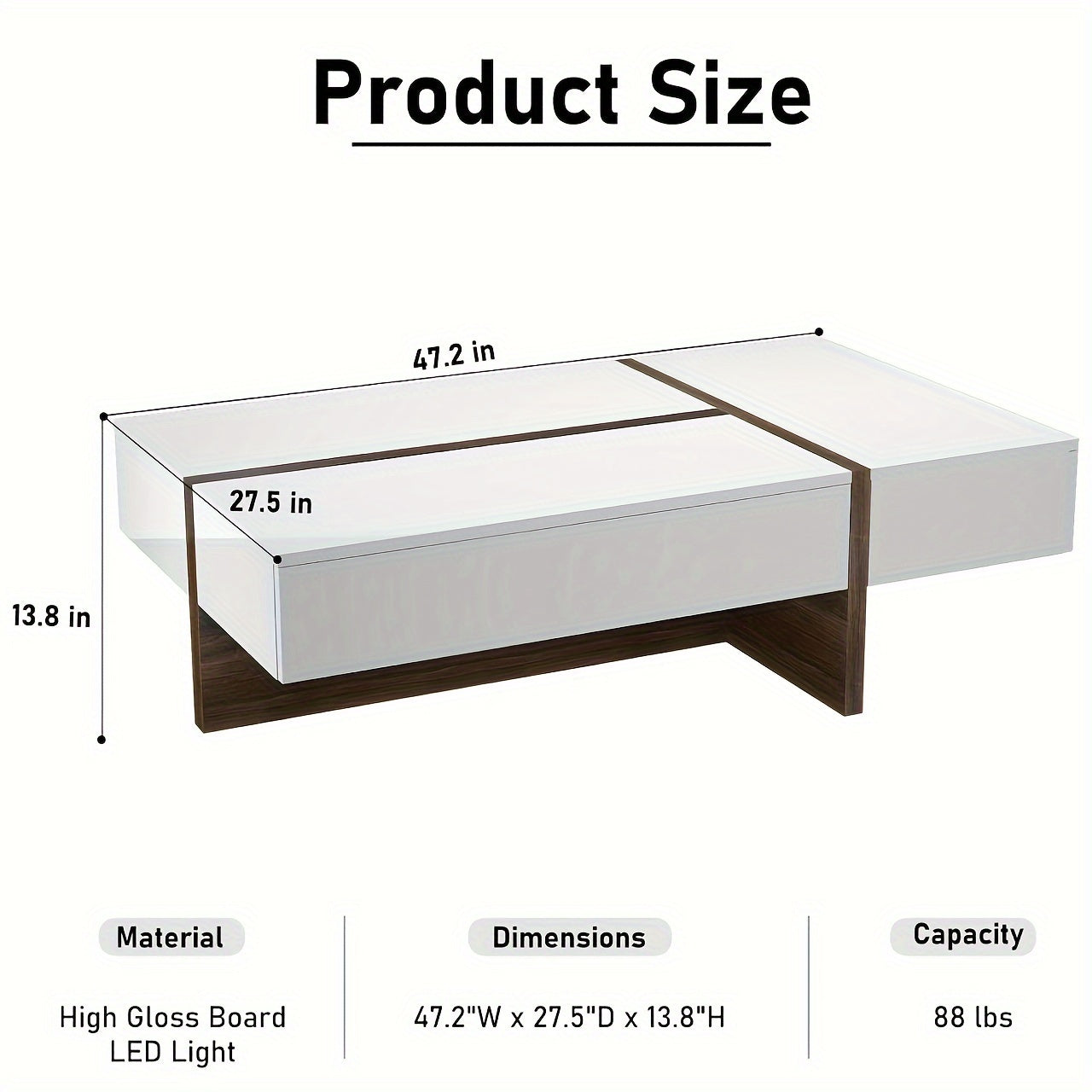 47" Rectangular Coffee Table With LED Light And Storage Drawers, Modern High Gloss Coffee Tables For Living Room