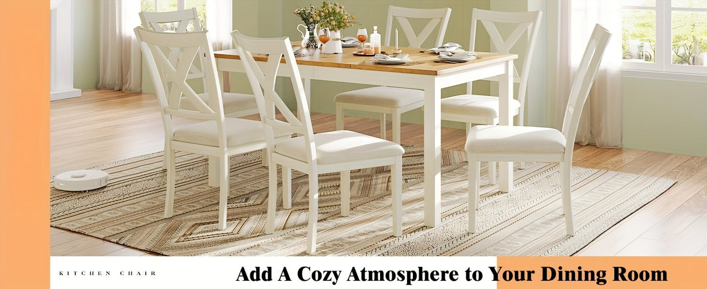 PAPAJET 7pcs Farmhouse Dining Set - 60" Solid Wood Table with 6 Upholstered Chairs, Hardwood Construction, MDF, White Finish, Ideal for Kitchen or Restaurant