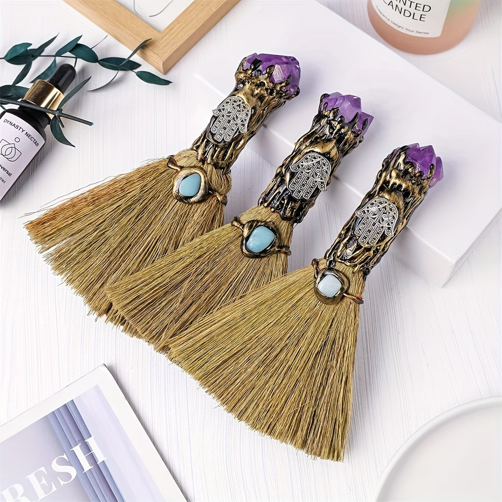 Bohemian Style Handcrafted Amethyst Crystal Mini Broom - Perfect for Halloween Decor, Witchy Home Accent & Reiki