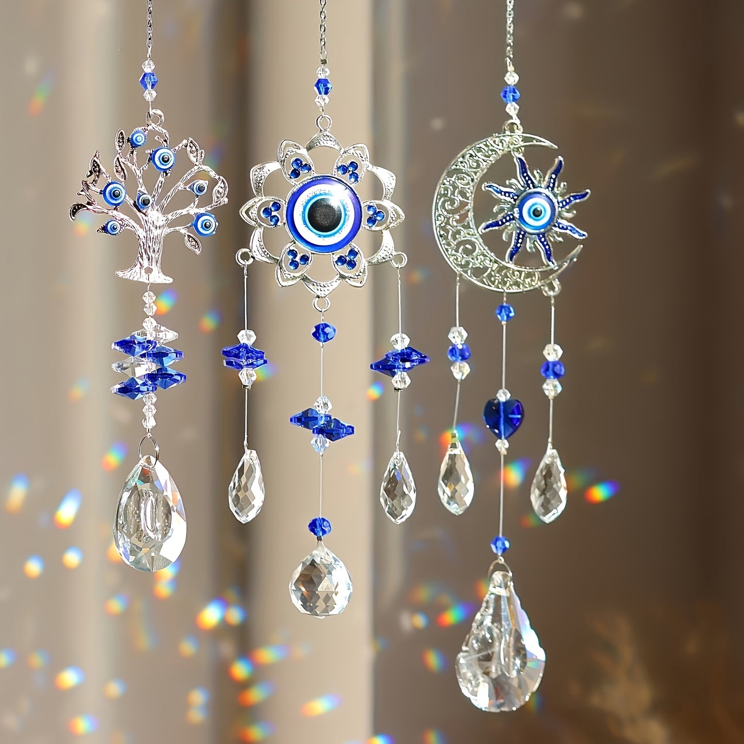 3 Handmade Evil Eye Crystal Sun Catchers, Suitable For Home And Garden Decoration - Resist Negative Energy And Bring Good Luck