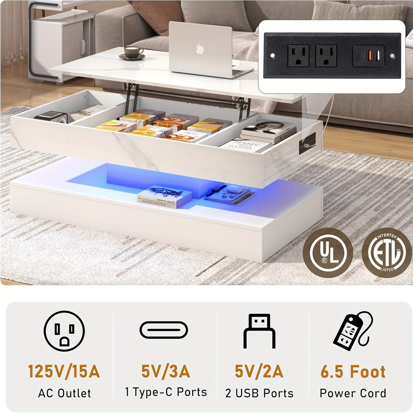 47.2" Large Lift Top Coffee Table With Charging Station, LED Modern High Glossy Center Table With Hidden Compartment Storage, White Lift Living Room Tables With Marbling Print