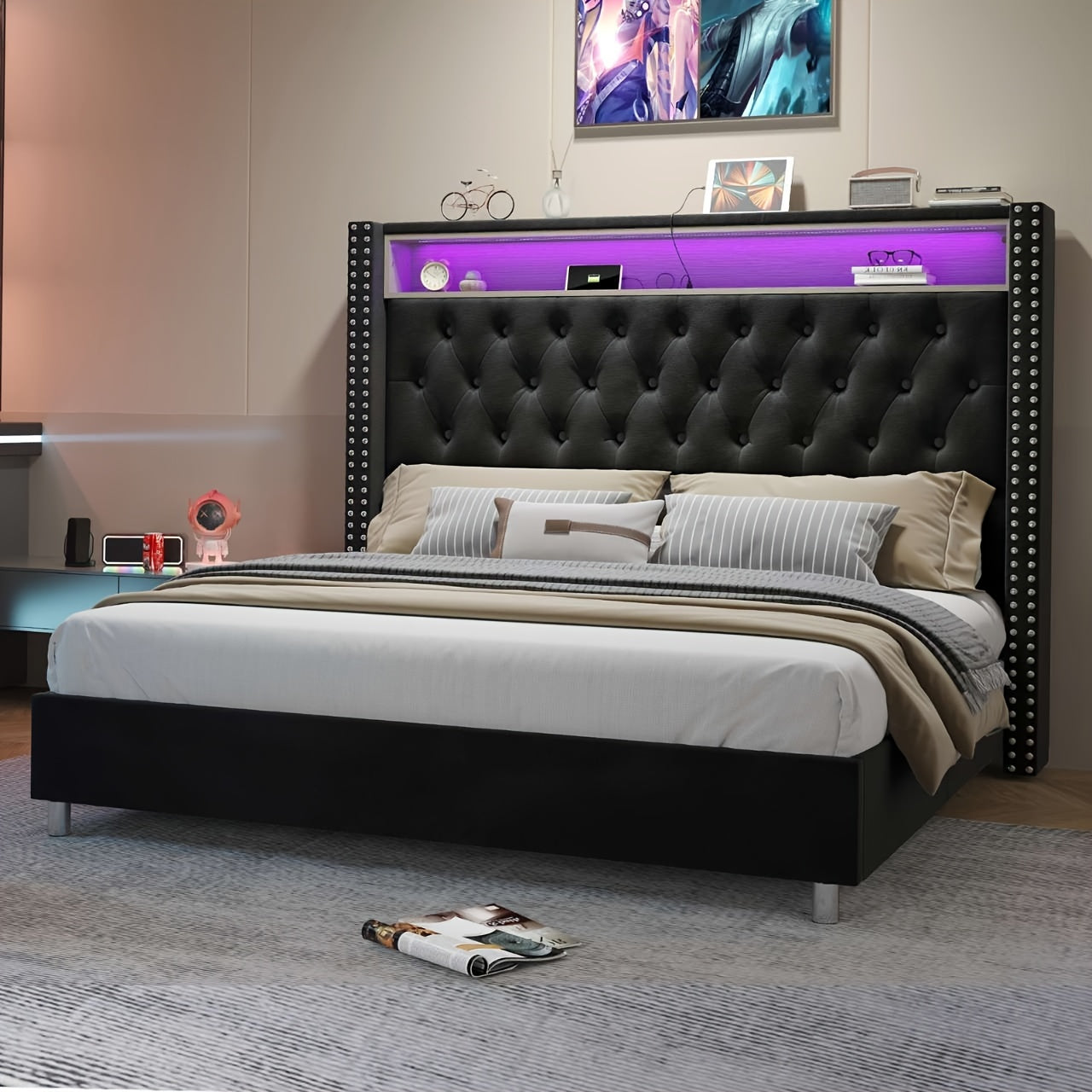 LUXOAK Bed with Integrated LED Lights & Charging Station, Velvet Upholstered Tall Platform Bed Frame with Elegant Wingback - No Box Spring Required