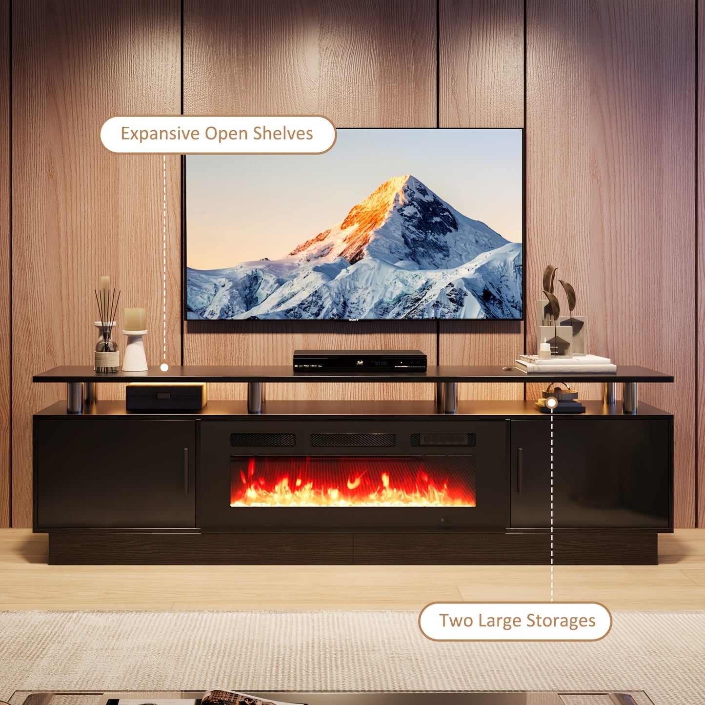 Luxury 80" Black Electric Fireplace TV Stand for Up to 90" TVs, LED Flame Effect & High-Gloss Finish, Modern Entertainment Center with Ample Storage, Easy Assembly