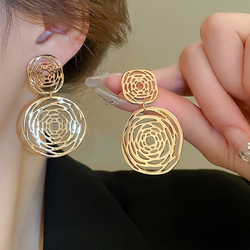 Elegant Middle Eastern Style Round Hollow-Out Earrings, Luxurious Alloy with 925 Silvery Posts for Daily Wear and Parties