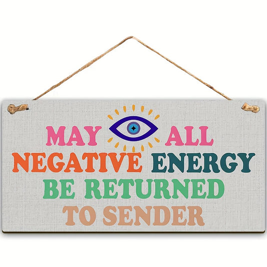 Rustic Evil Eye Wooden Desk Sign - Colorful "May All Negative Energy Be Returned to Sender" Plaque - Farmhouse Style - For Home & Office Decor - Unique Gift for Boho & Farmhouse Lovers