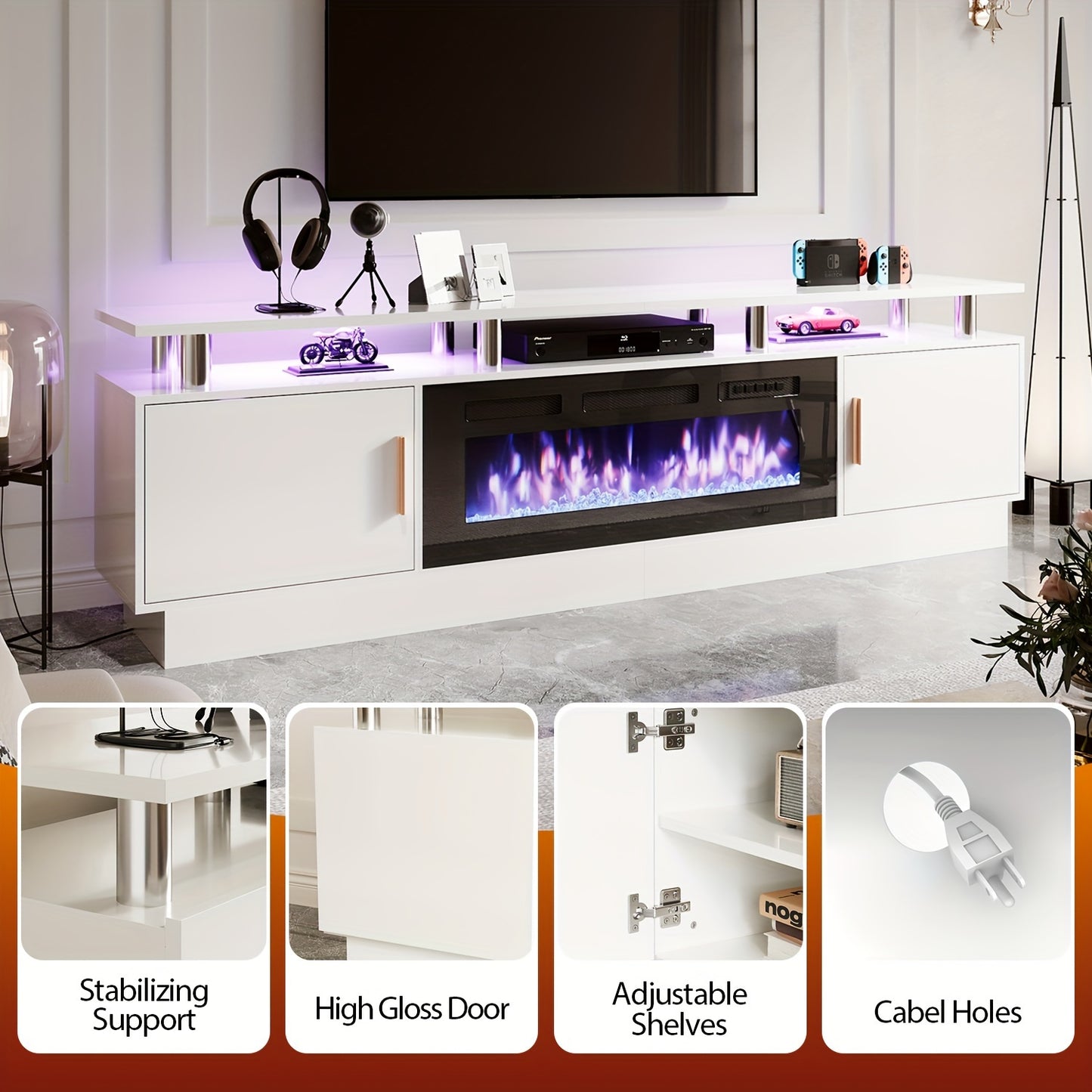 70"/80" Modern Electric Fireplace TV Stand For TVs Up To 80 Inch, With Electronic Flame And LED Lights, Luxury High Gloss Finish Entertainment Center For Living Room, White