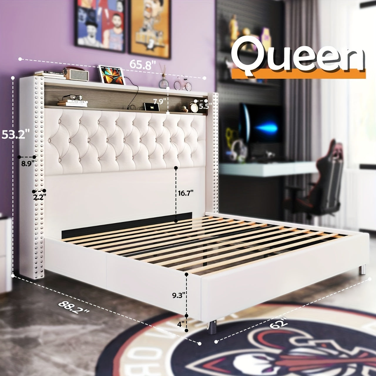 LUXOAK Bed with Integrated LED Lights & Charging Station, Velvet Upholstered Tall Platform Bed Frame with Elegant Wingback - No Box Spring Required