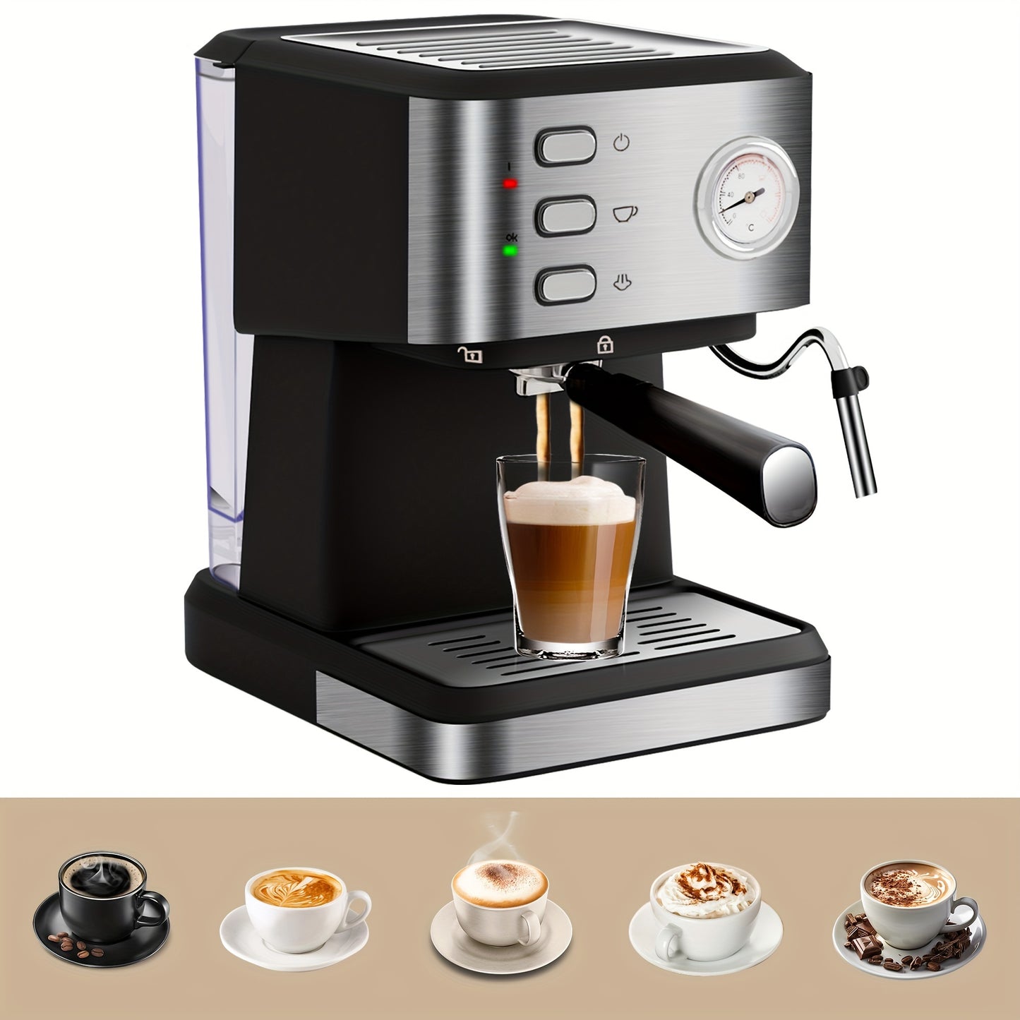 Espresso Machine 20 BAR, Cappuccino & Latte Machine With Built-In Milk Frother, One-Touch Single Or Double Shot, 1.5L Water Tank, Stainless Steel, Intelligent Temperature Control With Build-in Thermometer