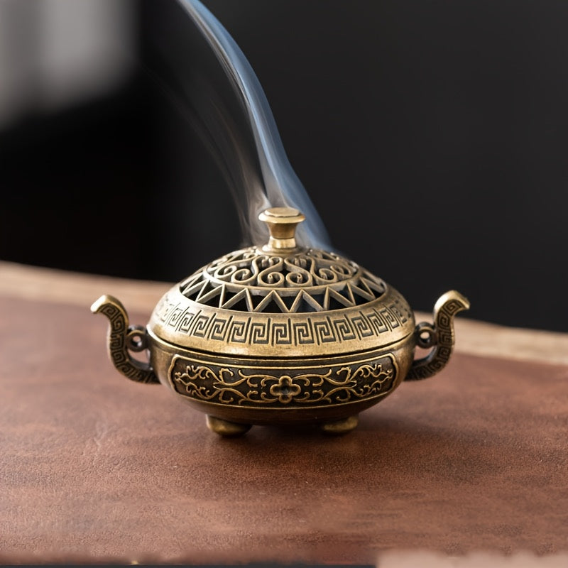 1pc Antique Style Metal Incense Burner, Double Ear Design with Exquisite Carvings, Hollow Pattern, 3-Legged Base, Unscented for Home Decor