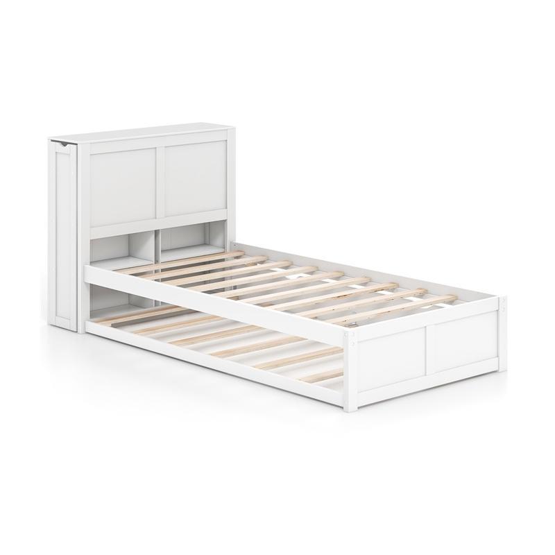 SAFSTAR Twin/Full Platform Bed with Trundle, Wooden Bed Frame with 2 Rolling Bookcases & High Headboard, Storage Platform Bed for Girls Boys, No Box Spring Needed, White