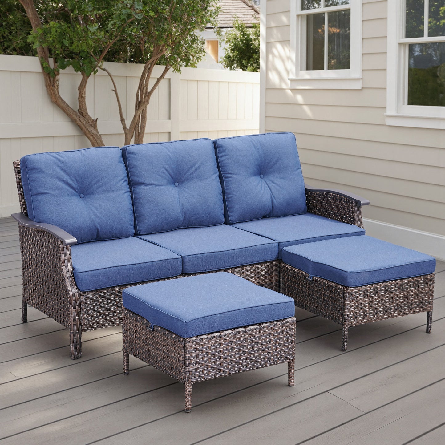 3pcs Rattan Patio Sofa Set with Ottoman - Mixed Colors, Durable Outdoor Furniture for Garden & Backyard