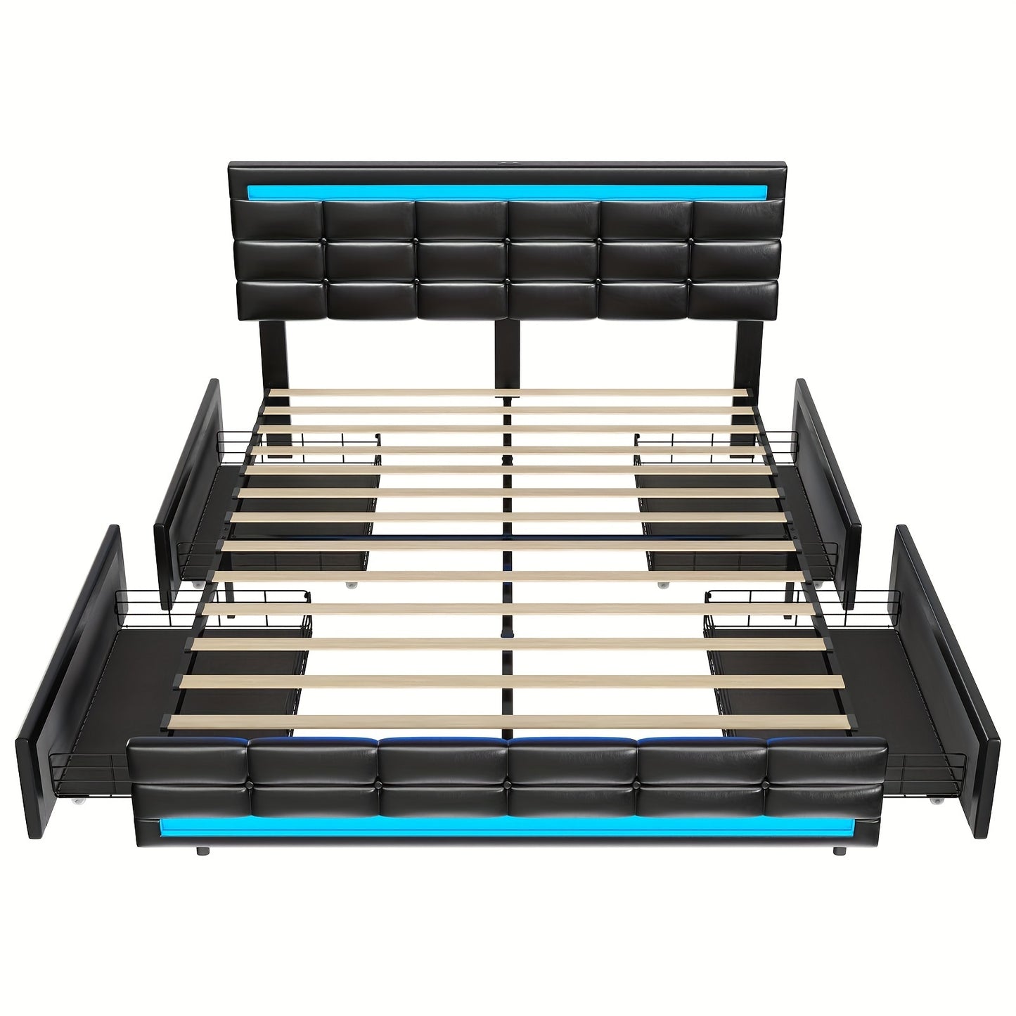 Queen Bed Frame With LED Lights Leather Platform Bed With Storage Drawers And Charging Station, LED Bed Frame Queen Size With Adjustable Headboard, No Box Spring Needed, Black