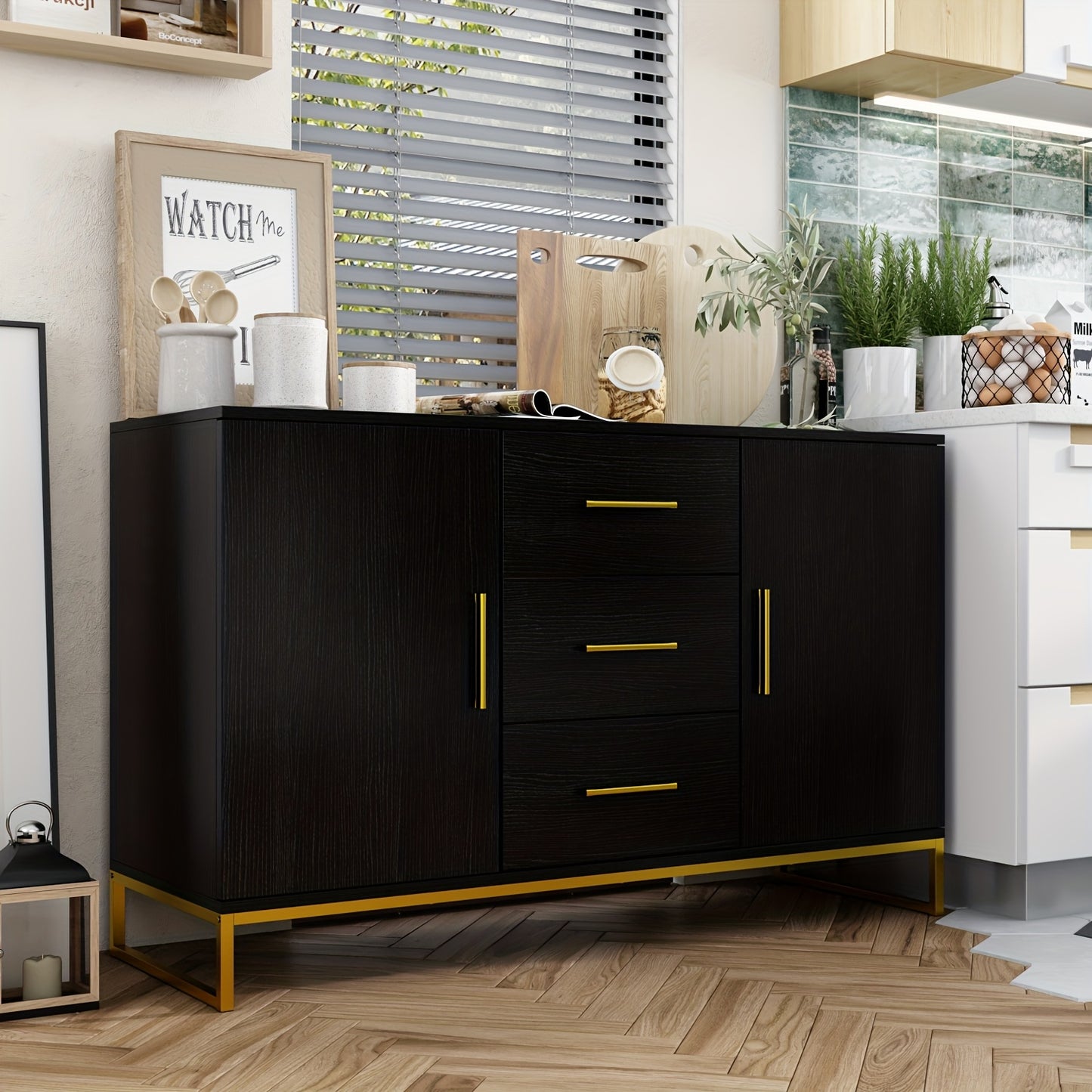 ECACAD 47" Modern Black Buffet Sideboard with Golden Accents, 2 Doors & 3 Drawers - Spacious Storage and Display Cabinet for Kitchen, Living Room, Home Office, Kitchen Decor