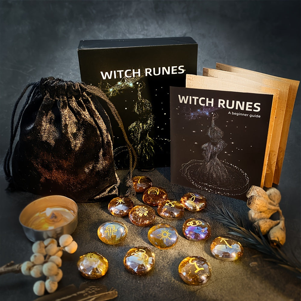 Witch Runes Set, Glass Divination Stones, 13-Piece Engraved Symbols with Guidebook and Storage Pouch, Party Supplies for Mystical Gatherings, Witchcraft Gift Kit for Adults Age 14+