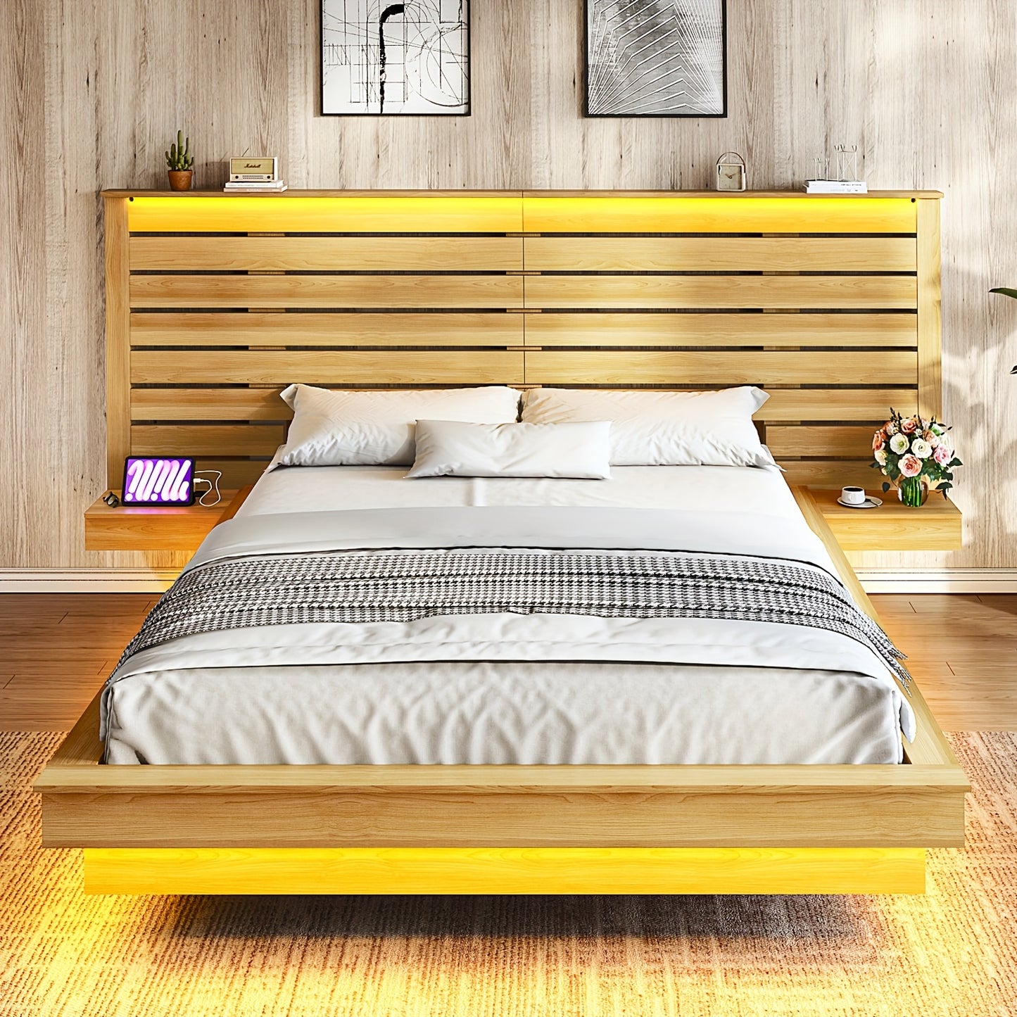 1pc LUXOAK Farmhouse Full-Size Floating Platform Bed Frame with LED Lights & Charging Station, Silent Operation, No Box Spring Needed, Includes Nightstands & Headboard