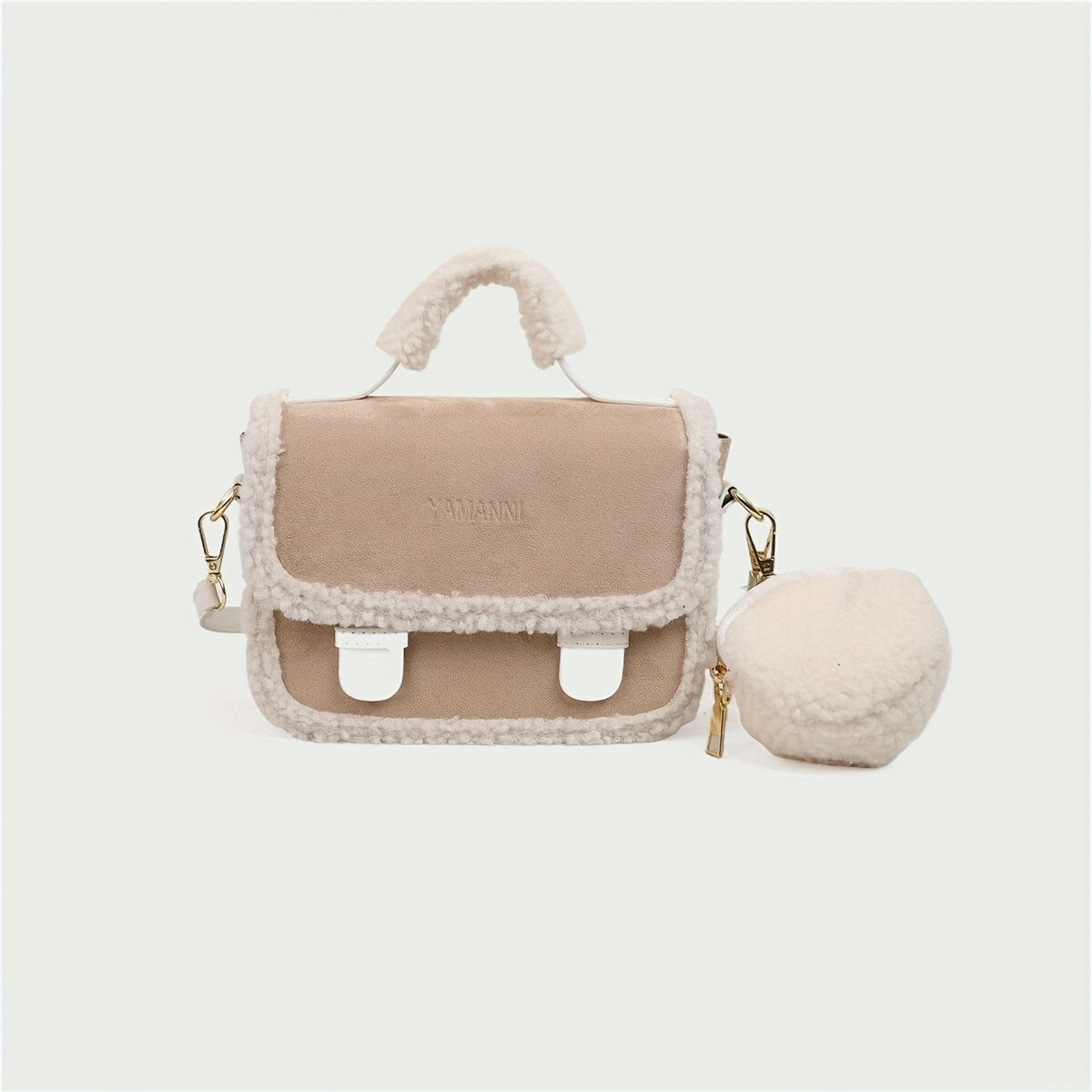 Chic Suede & Faux Leather Crossbody Bag with Detachable Pouch, Mixed Color Plush Handbag with Buckle Closure, Autumn Winter Fashion Accessory